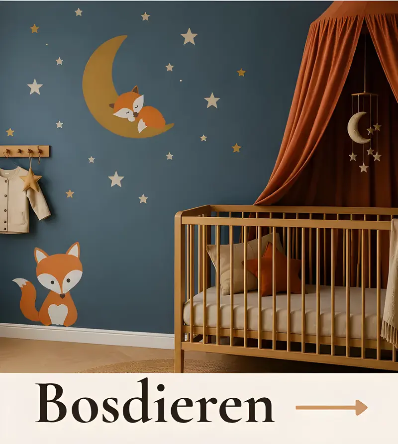 Bosdieren muurdecoraties voor de baby- en kinderkamer.